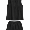 Black Relaxed Fit Two-Piece Lounge Set with Sleeveless V-Neck Top and Shorts