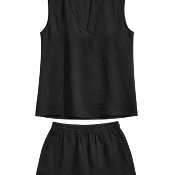 Black Relaxed Fit Two-Piece Lounge Set with Sleeveless V-Neck Top and Shorts