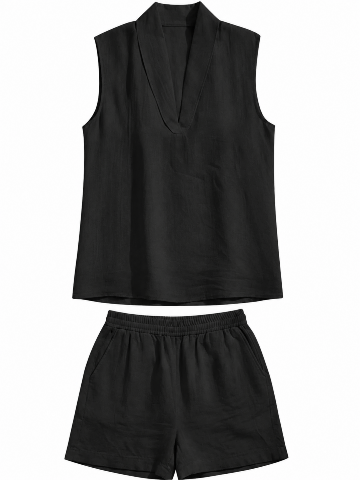 Black Relaxed Fit Two-Piece Lounge Set with Sleeveless V-Neck Top and Shorts