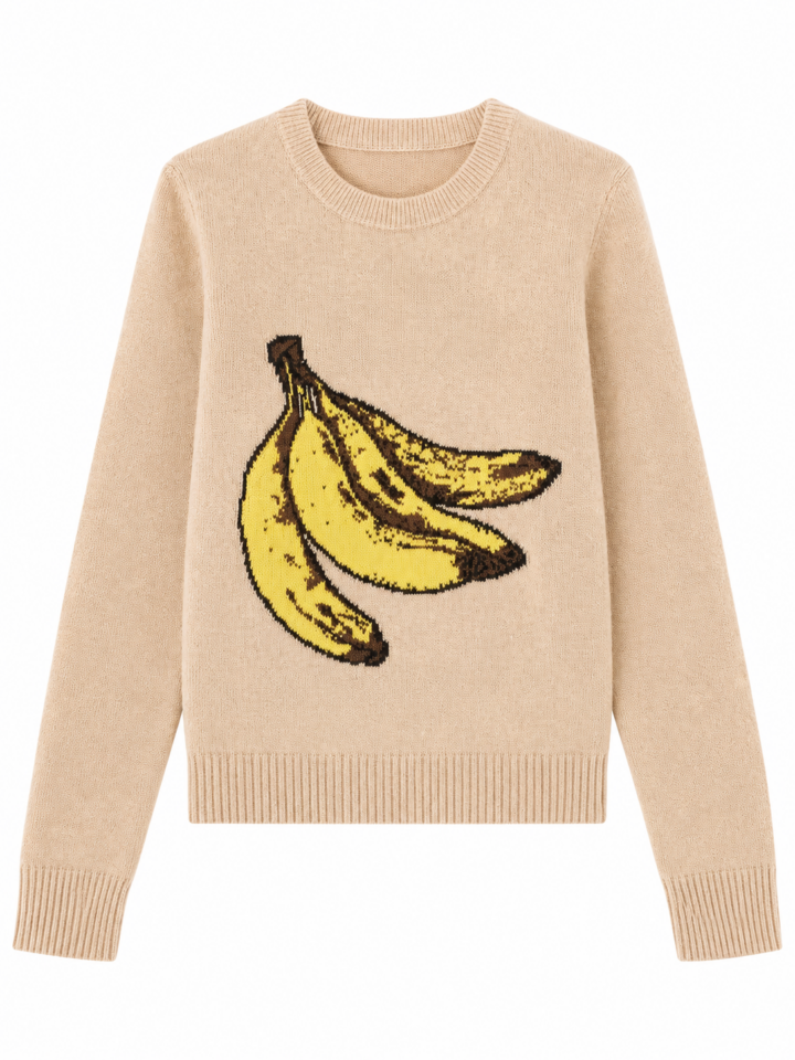 Beige Banana Graphic Crew Neck Knit Sweater