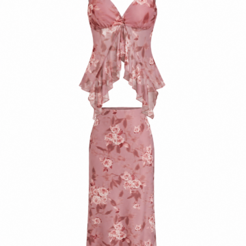 Dusty Rose Floral Print Two-Piece Set with Camisole and Midi Skirt