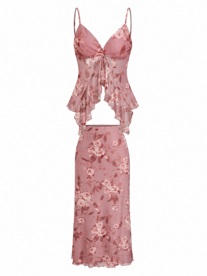 Dusty Rose Floral Print Two-Piece Set with Camisole and Midi Skirt