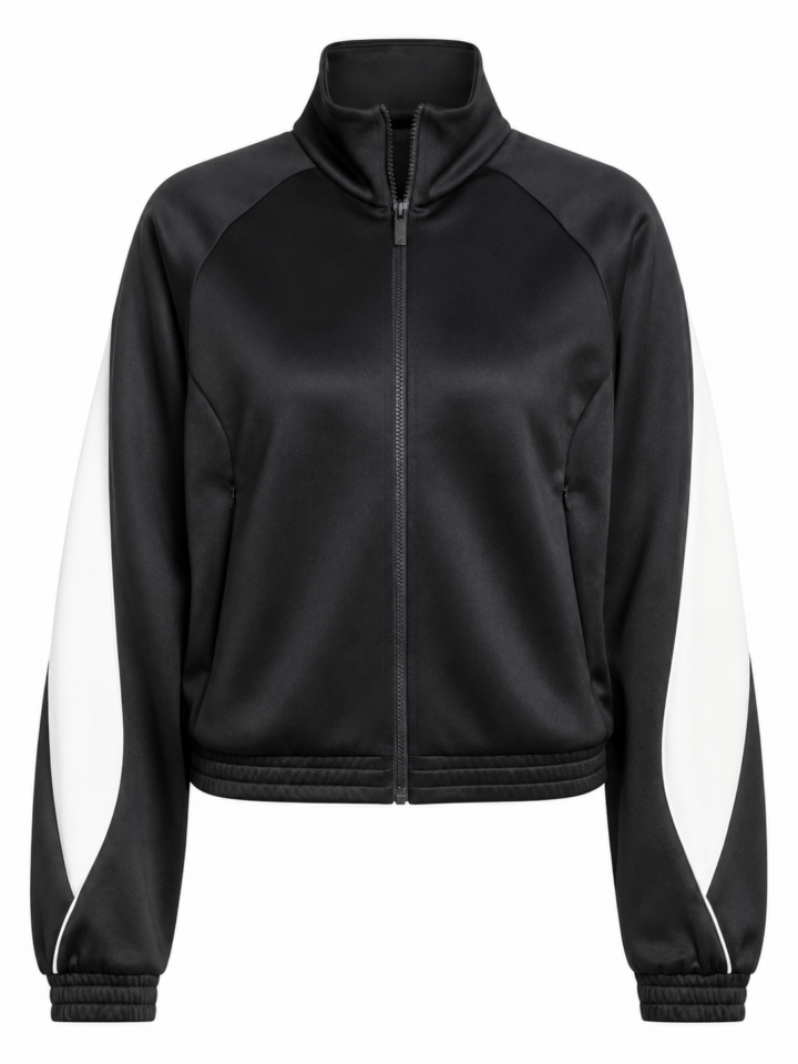 Black Full-Zip Track Jacket with Contrast Sleeve Panels