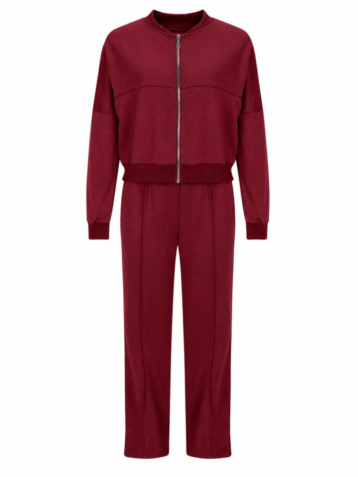 Burgundy Zip-Up Bomber Jacket and Matching Pants Two-Piece Athletic Set
