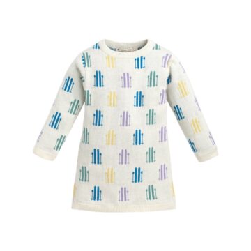 Cream Knit Sweater Dress for Kids with Pastel Fence Pattern