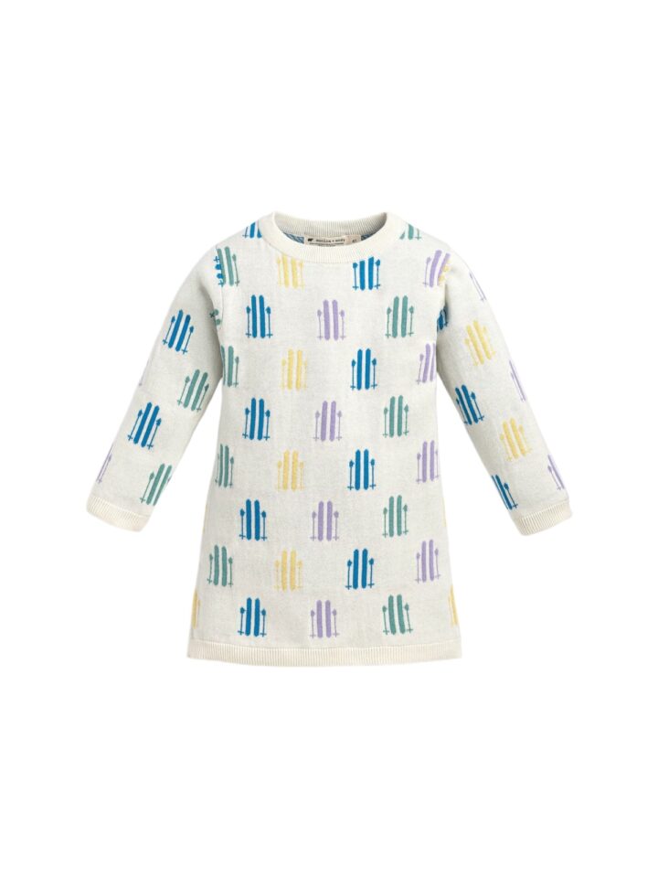 Cream Knit Sweater Dress for Kids with Pastel Fence Pattern