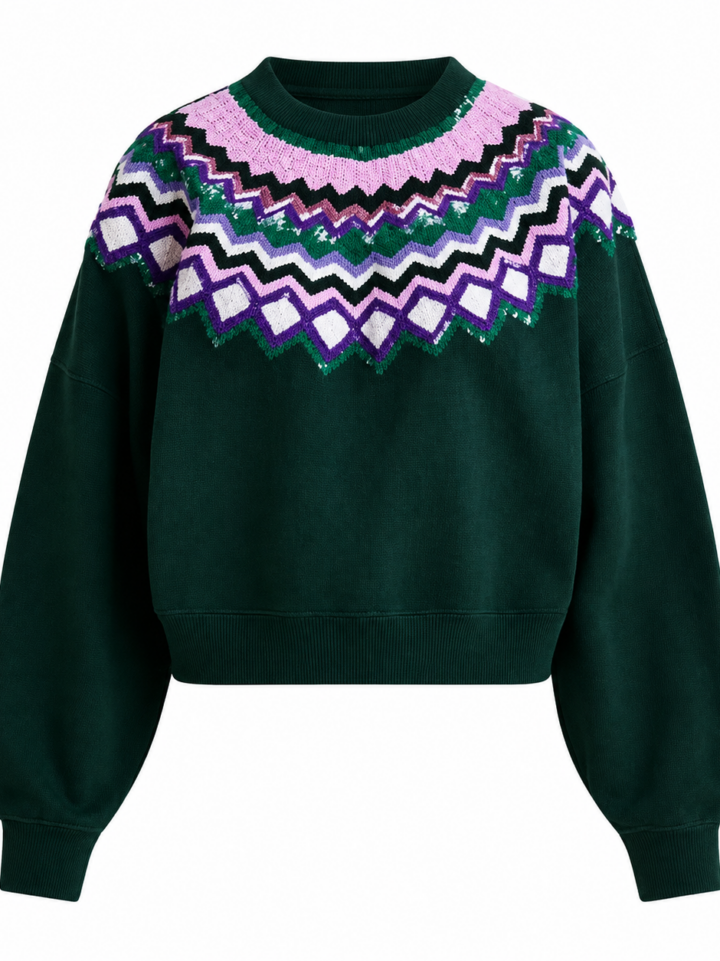 Forest Green Fair Isle Balloon Sleeve Knit Sweater