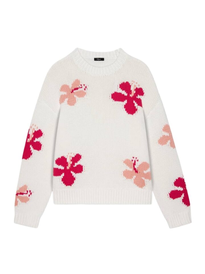 White Hibiscus Intarsia Knit Sweater